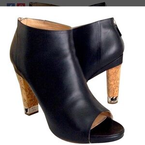 CHANEL OpenToe Black Leather Ankle Boots Mark Chain Cork Heel CC Size 38